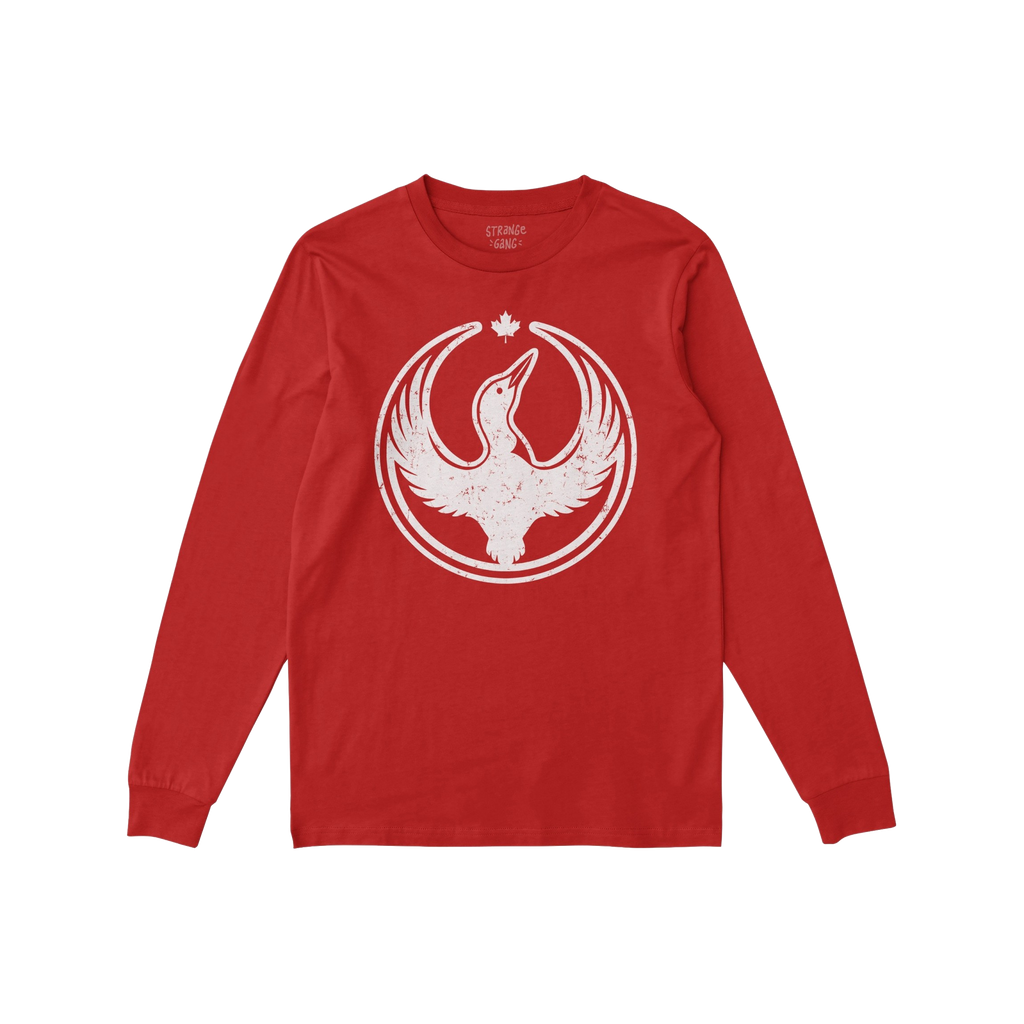 Red long-sleeve Canada Rebel Alliance T-shirt with a distressed white loon graphic and maple leaf, symbolizing anti-fascism a