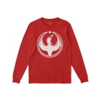 Red long-sleeve Canada Rebel Alliance T-shirt with a distressed white loon graphic and maple leaf, symbolizing anti-fascism a