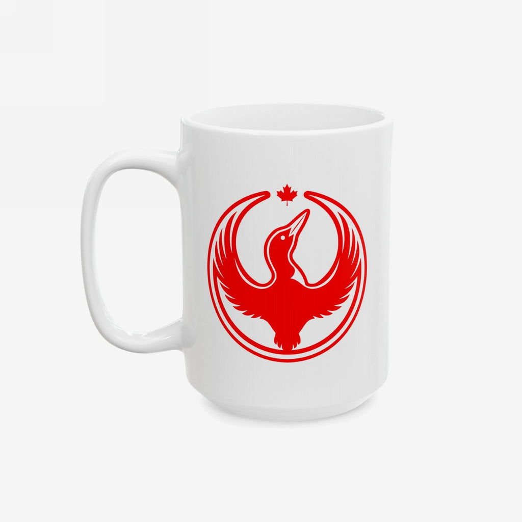 Canada Rebel Alliance Mug featuring a bold red stylized bird with outstretched wings and a maple leaf, symbolizing support for human rights and equality. Available in 11 oz. and 15 oz. sizes.