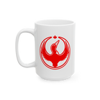 Canada Rebel Alliance Mug featuring a bold red stylized bird with outstretched wings and a maple leaf, symbolizing support fo