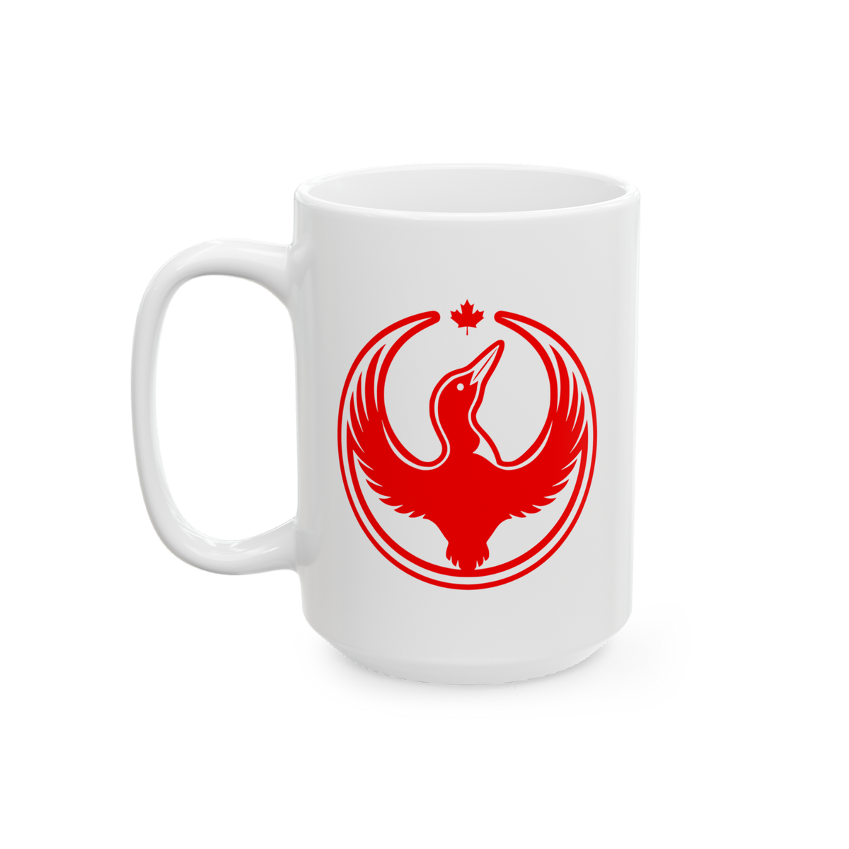 Canada Rebel Alliance Mug featuring a bold red stylized bird with outstretched wings and a maple leaf, symbolizing support fo