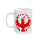 Canada Rebel Alliance Mug featuring a stylized bird with wings raised in a V shape, encircled, and topped with a maple leaf. 