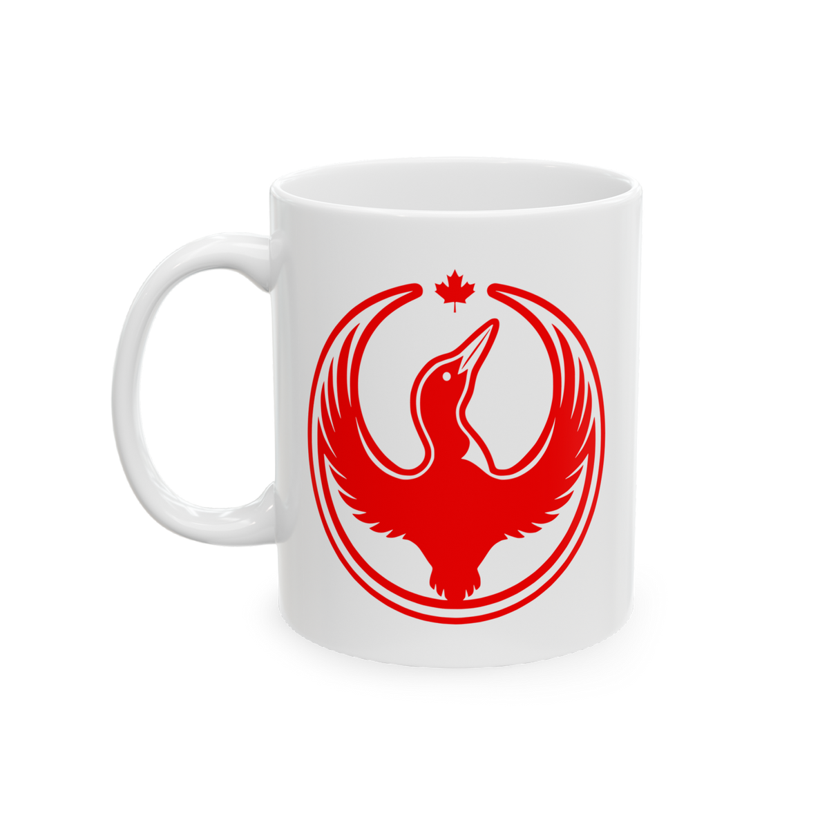 Canada Rebel Alliance Mug featuring a stylized bird with wings raised in a V shape, encircled, and topped with a maple leaf. 