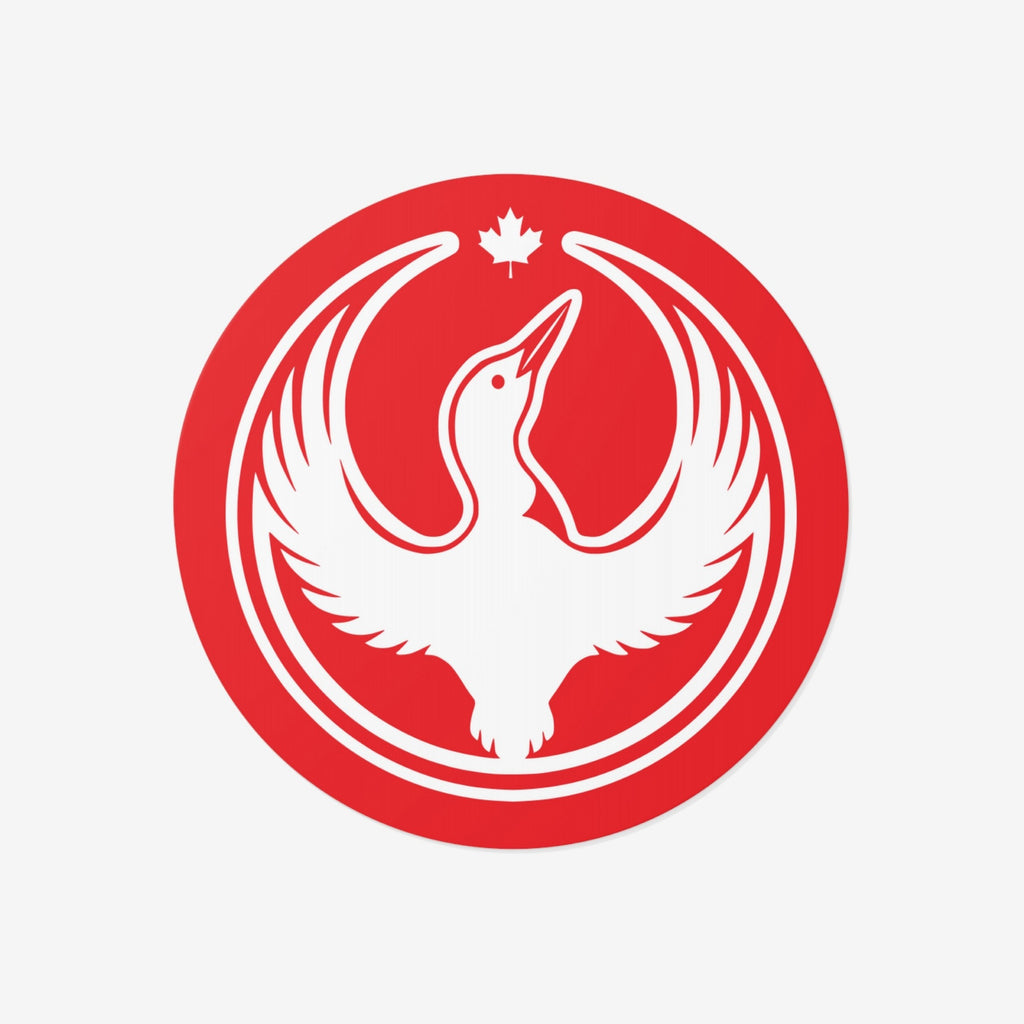 Canada Rebel Alliance Sticker features a white waterbird with wings outstretched inside a red circle, topped by a maple leaf. A symbol for anti-fascism and community support.