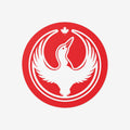 Canada Rebel Alliance Sticker features a white waterbird with wings outstretched inside a red circle, topped by a maple leaf. A symbol for anti-fascism and community support.