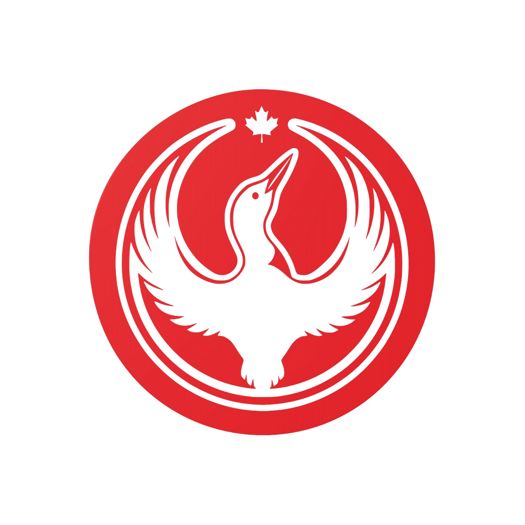 Canada Rebel Alliance Sticker features a white waterbird with wings outstretched inside a red circle, topped by a maple leaf.