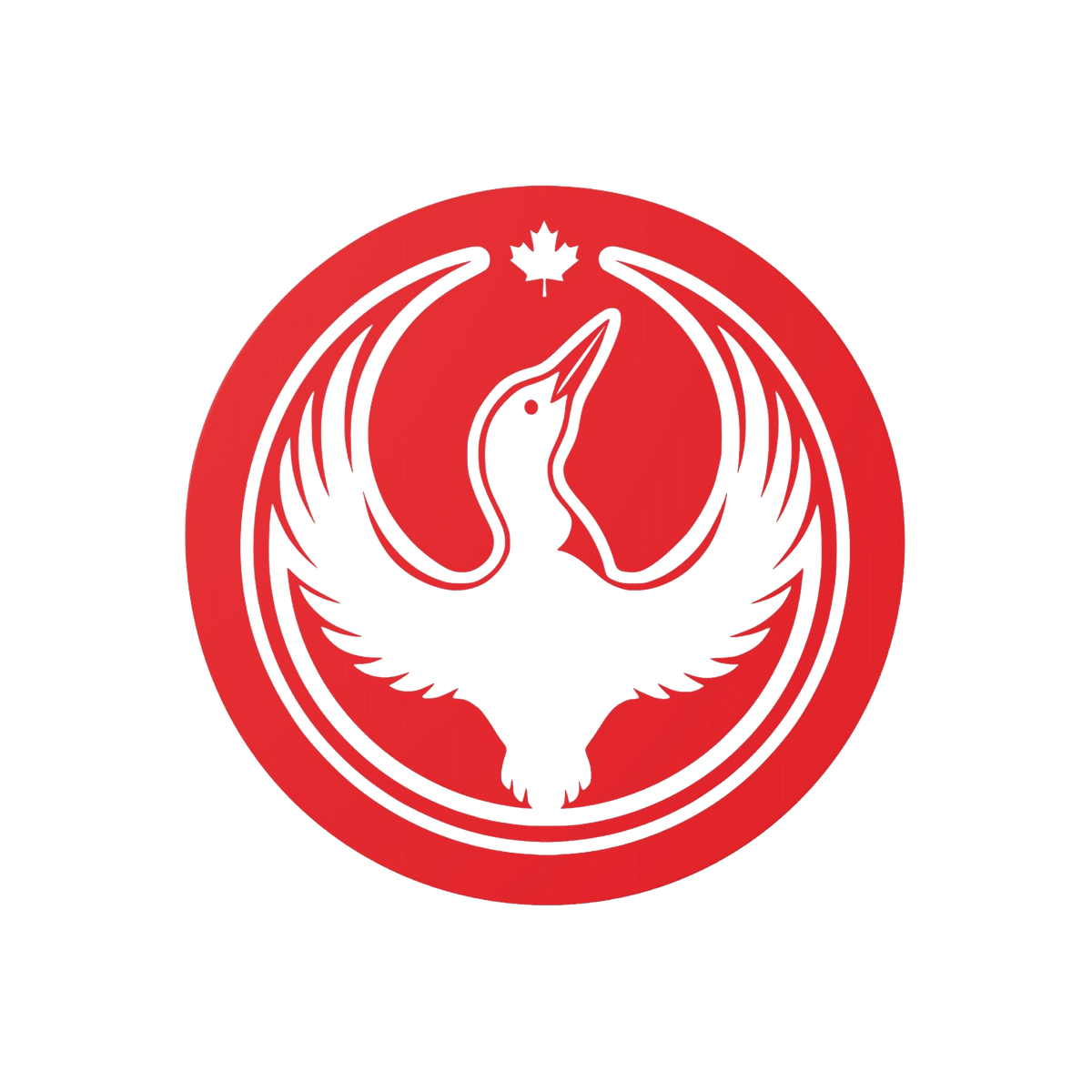 Canada Rebel Alliance Sticker features a white waterbird with wings outstretched inside a red circle, topped by a maple leaf.