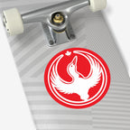 Close-up of a skateboard featuring the Canada Rebel Alliance Sticker, showing a stylized white bird in flight within a bold red circle with a maple leaf above, symbolizing activism and solidarity.