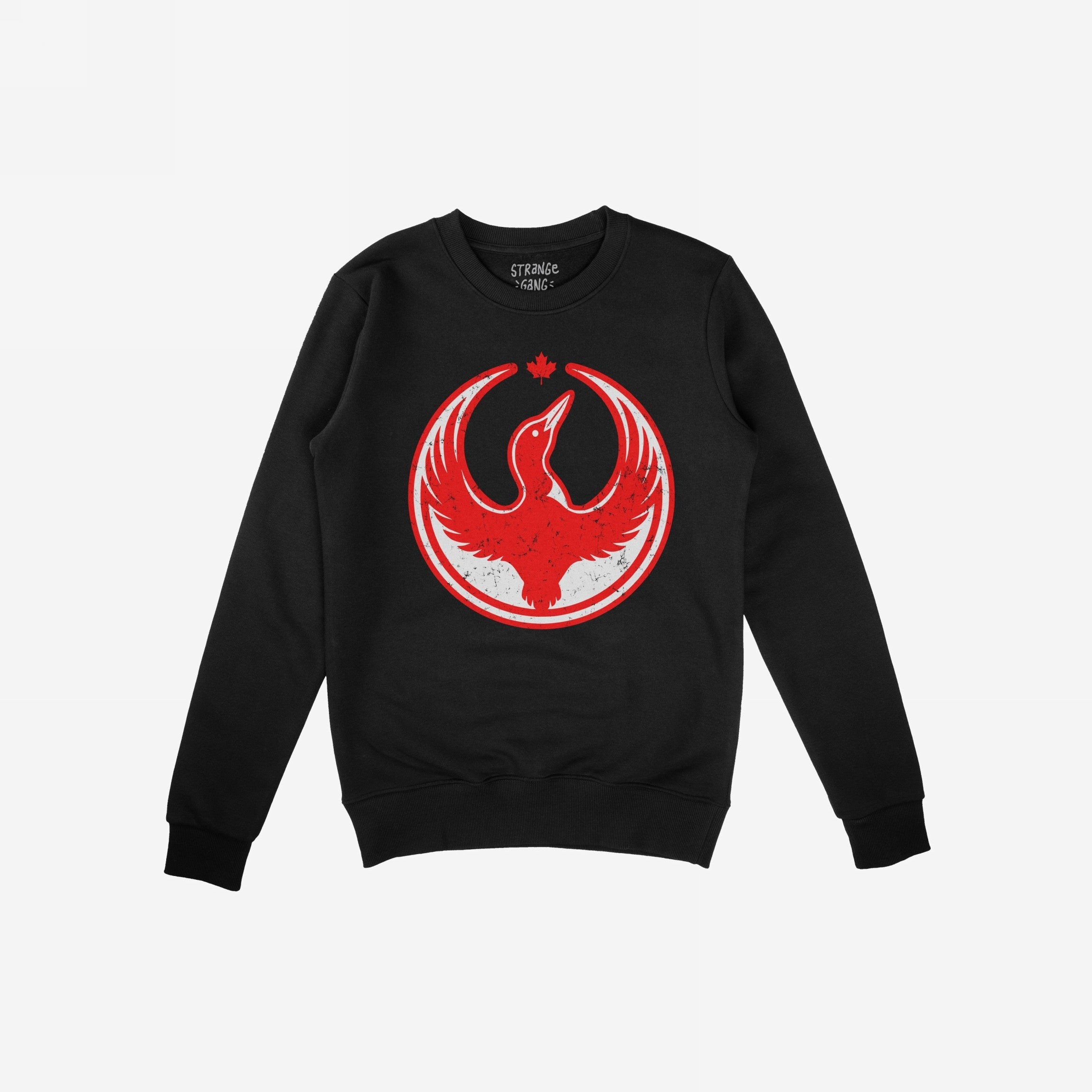 Black crewneck sweatshirt featuring the Canada Rebel Alliance design. A red, distressed emblem with a loon and maple leaf symbolizes anti-fascism and equality, reflecting the store's commitment to social justice.