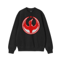 Black crewneck sweatshirt featuring the Canada Rebel Alliance design. A red, distressed emblem with a loon and maple leaf sym