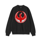 Black crewneck sweatshirt featuring the Canada Rebel Alliance design. A red, distressed emblem with a loon and maple leaf sym