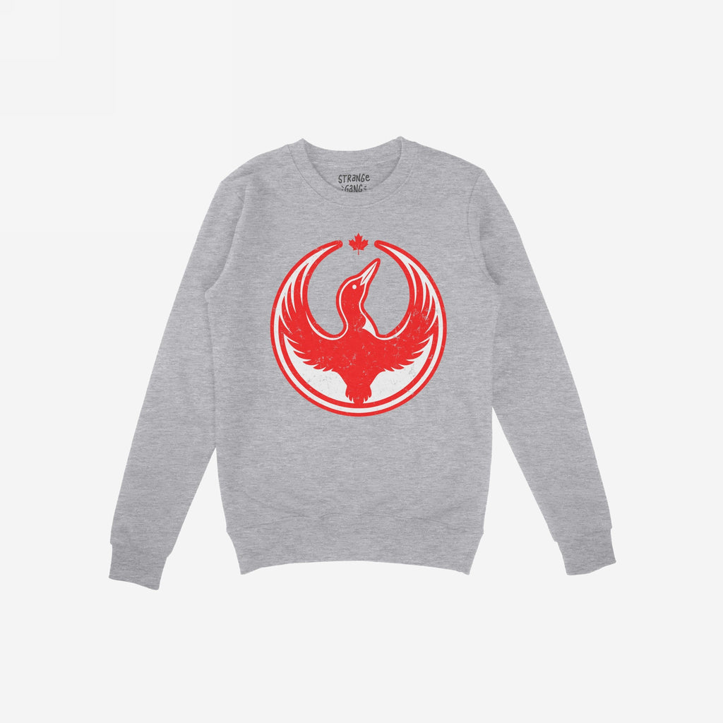 The Canada Rebel Alliance Hoodie & Sweatshirt features a distressed red graphic of a bird with outstretched wings, a maple leaf above, on a light-gray crewneck, embodying anti-fascist and pro-equality values.