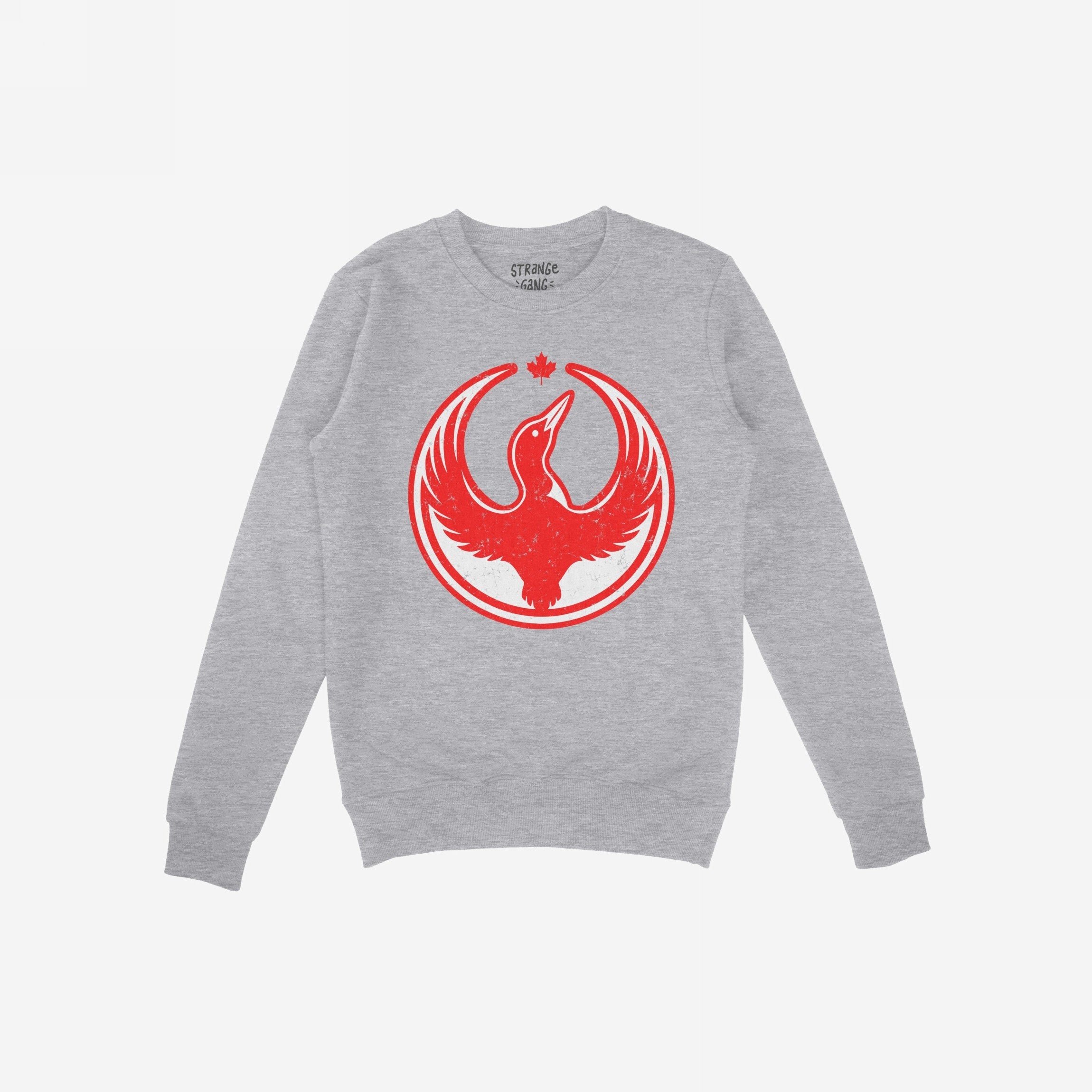 The Canada Rebel Alliance Hoodie & Sweatshirt features a distressed red graphic of a bird with outstretched wings, a maple leaf above, on a light-gray crewneck, embodying anti-fascist and pro-equality values.