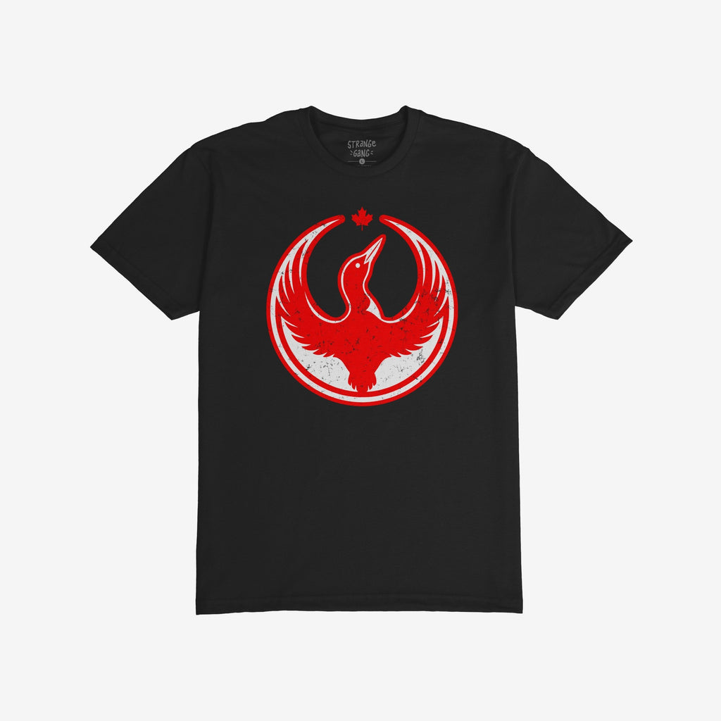 Canada Rebel Alliance T-shirt features a distressed red and white emblem of a stylized bird with outstretched wings, topped with a red maple leaf, embodying anti-fascist and equality ideals.