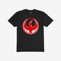 Canada Rebel Alliance T-shirt features a distressed red and white emblem of a stylized bird with outstretched wings, topped with a red maple leaf, embodying anti-fascist and equality ideals.