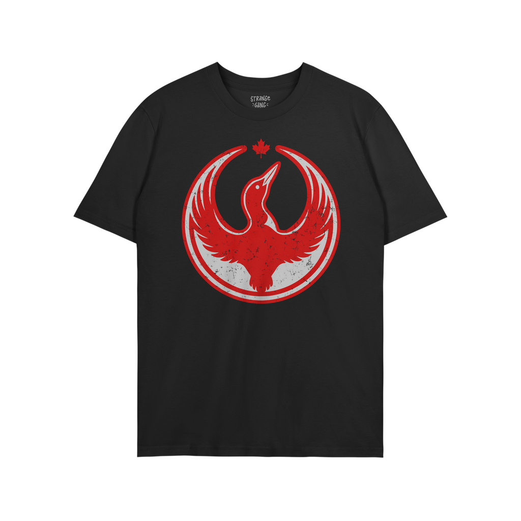 Canada Rebel Alliance T-shirt features a distressed red and white emblem of a stylized bird with outstretched wings, topped w