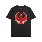 Canada Rebel Alliance T-shirt features a distressed red and white emblem of a stylized bird with outstretched wings, topped w