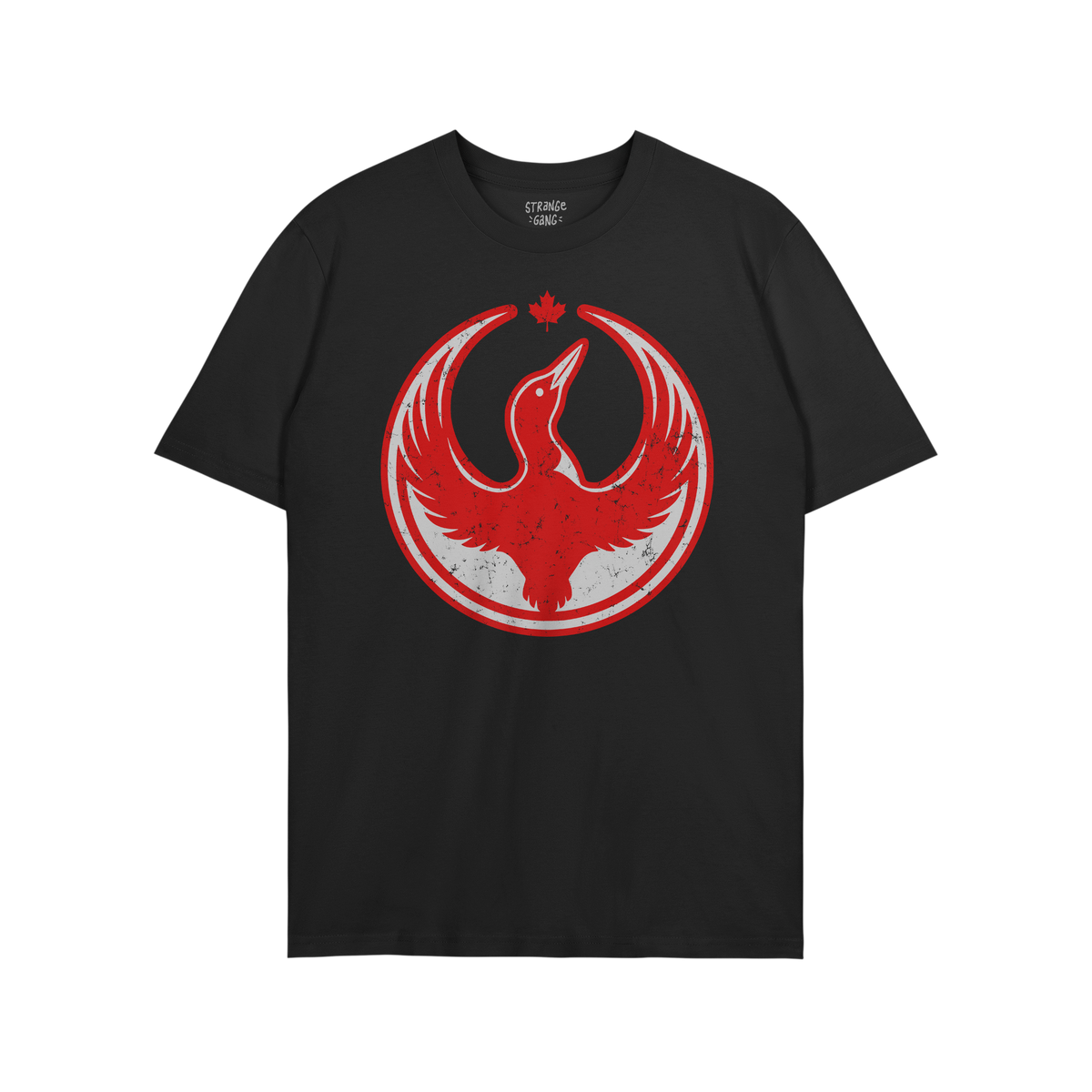 Canada Rebel Alliance T-shirt features a distressed red and white emblem of a stylized bird with outstretched wings, topped w