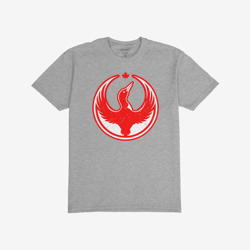 Canada Rebel Alliance T-shirt in heather-gray with a distressed red graphic of a flying loon and maple leaf, symbolizing anti-fascist protest and community support.