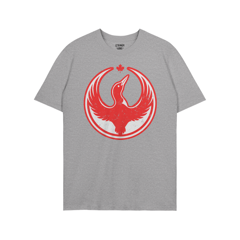 Canada Rebel Alliance T-shirt in heather-gray with a distressed red graphic of a flying loon and maple leaf, symbolizing anti