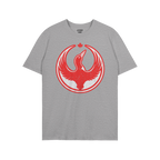 Canada Rebel Alliance T-shirt in heather-gray with a distressed red graphic of a flying loon and maple leaf, symbolizing anti