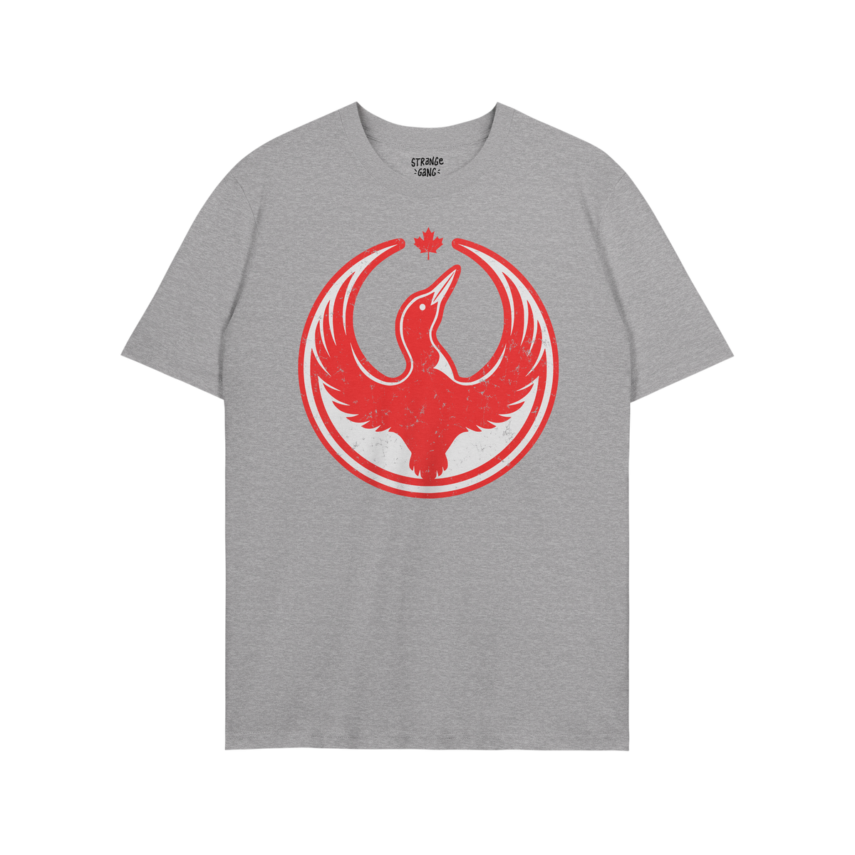 Canada Rebel Alliance T-shirt in heather-gray with a distressed red graphic of a flying loon and maple leaf, symbolizing anti