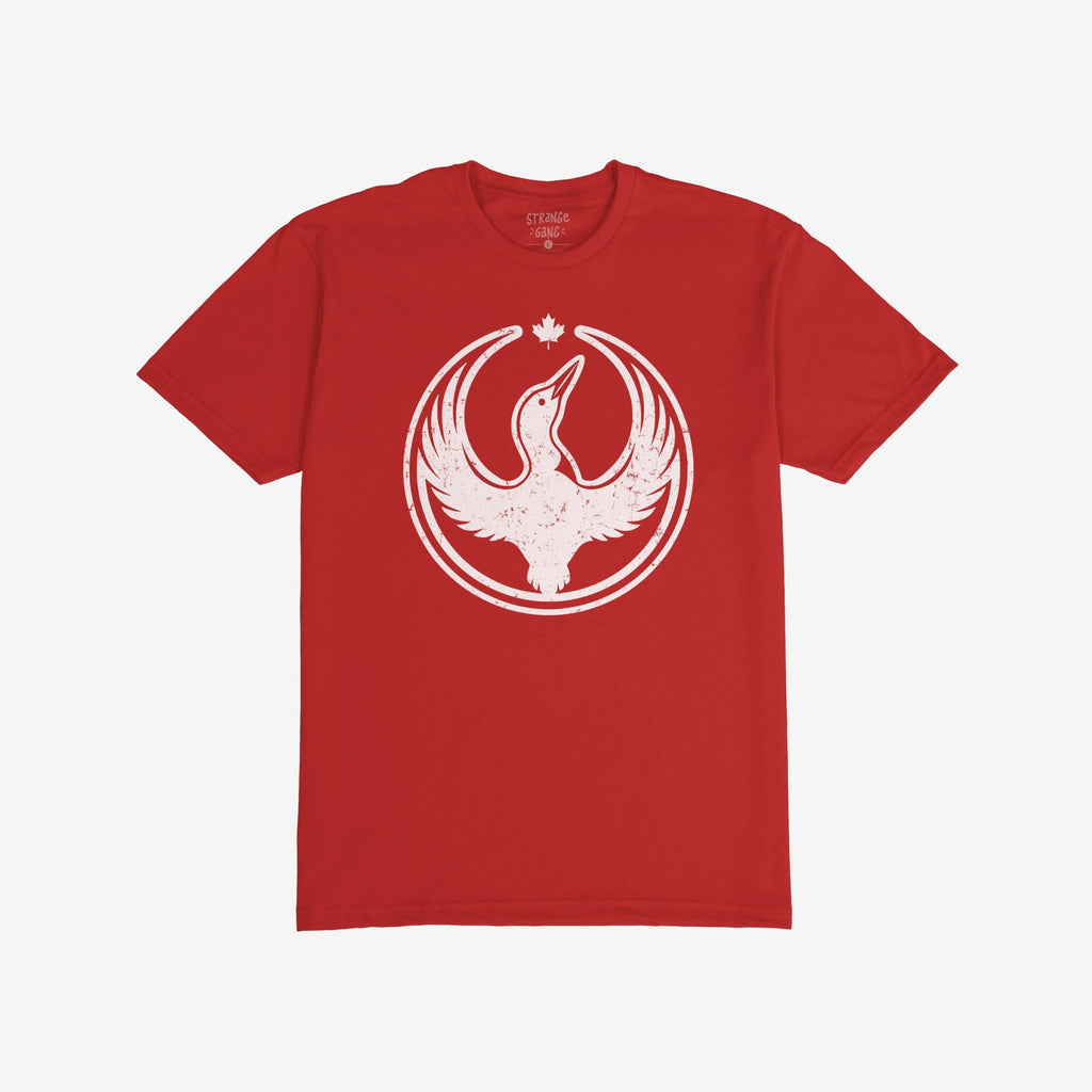 The Canada Rebel Alliance T-shirt features a distressed white graphic of a stylized bird with raised wings and a maple leaf, symbolizing anti-fascist unity and human rights advocacy.