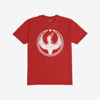 The Canada Rebel Alliance T-shirt features a distressed white graphic of a stylized bird with raised wings and a maple leaf, symbolizing anti-fascist unity and human rights advocacy.