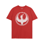 The Canada Rebel Alliance T-shirt features a distressed white graphic of a stylized bird with raised wings and a maple leaf, 