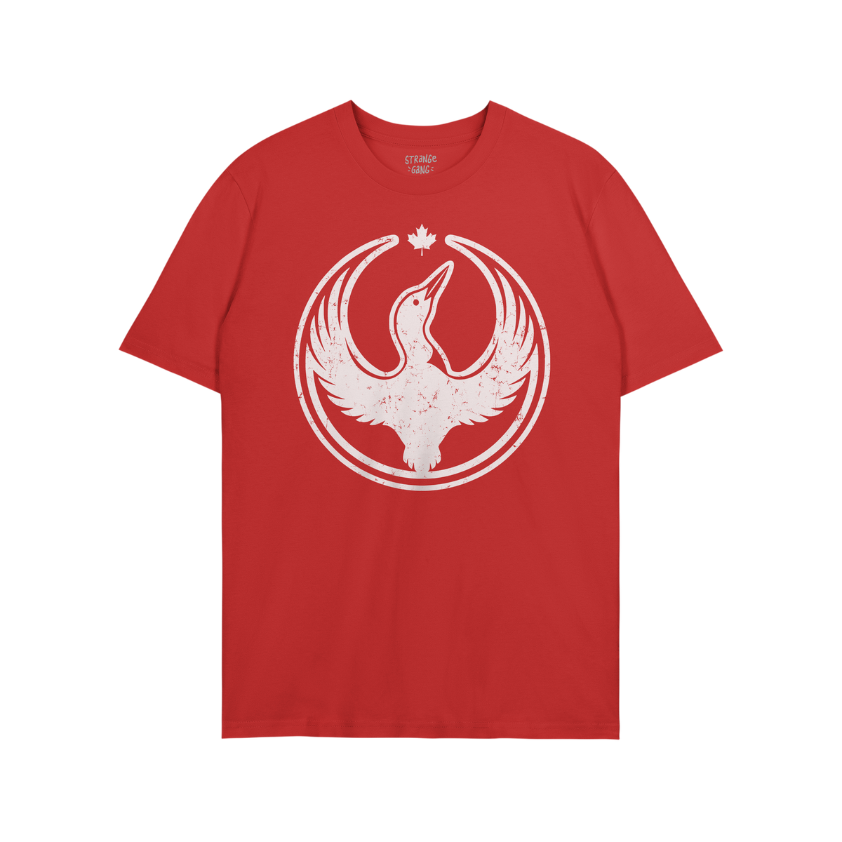 The Canada Rebel Alliance T-shirt features a distressed white graphic of a stylized bird with raised wings and a maple leaf, 