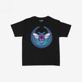 Charlotte Rebel Alliance Women's Baby Tee features a distressed teal and purple hornet graphic with white wings and red eyes, symbolizing city pride and protest. Ideal for a fitted or relaxed look.