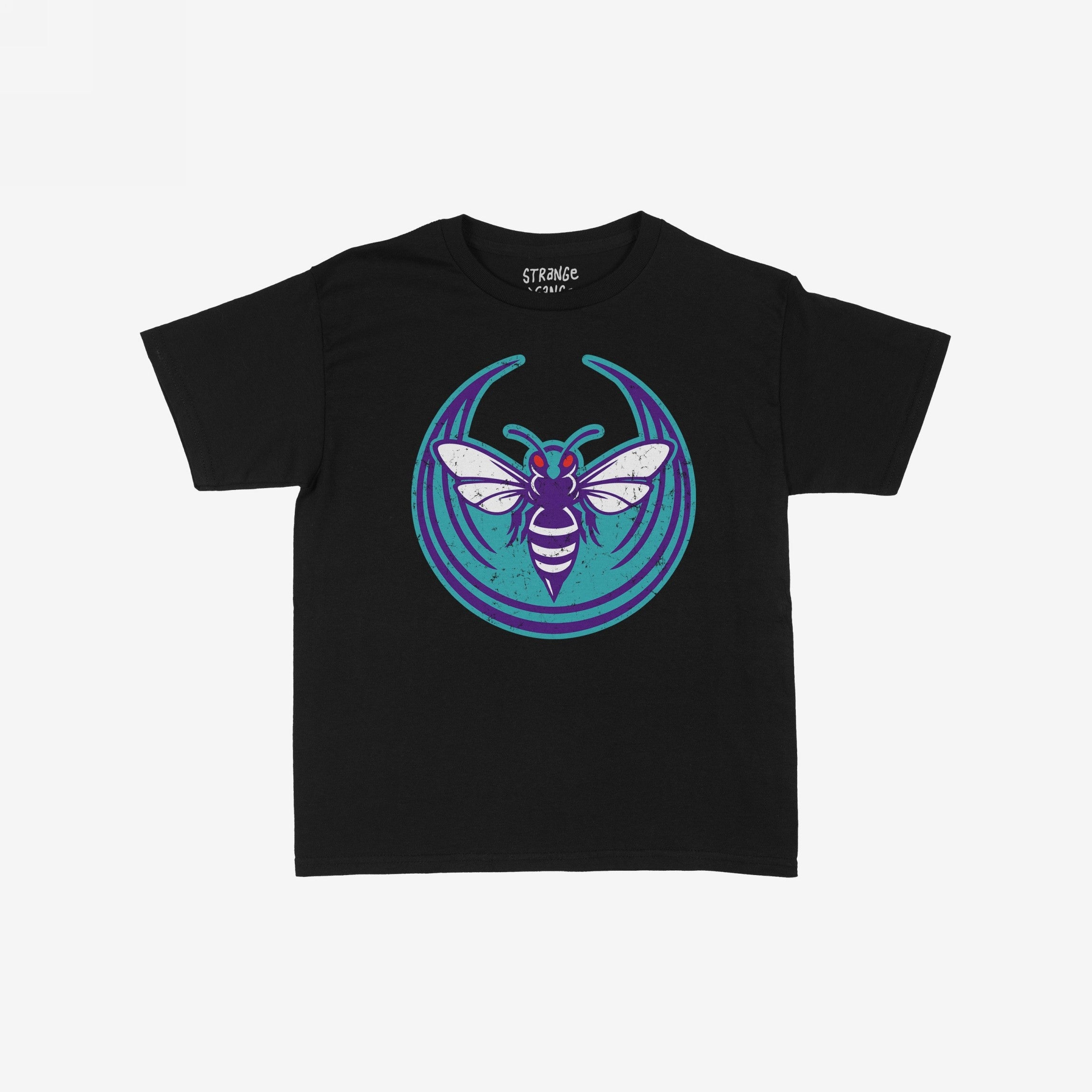 Charlotte Rebel Alliance Women's Baby Tee features a distressed teal and purple hornet graphic with white wings and red eyes, symbolizing city pride and protest. Ideal for a fitted or relaxed look.