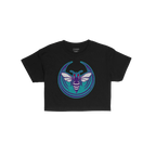 Charlotte Rebel Alliance Women's Baby Tee features a distressed teal and purple hornet graphic with white wings and red eyes,