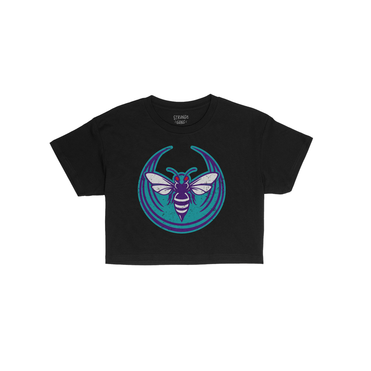 Charlotte Rebel Alliance Women's Baby Tee features a distressed teal and purple hornet graphic with white wings and red eyes,