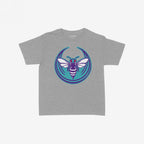 Charlotte Rebel Alliance Women's Baby Tee in heather gray, featuring a stylized hornet graphic in purple and white with red eyes on a teal background, embodying city pride and protest spirit.