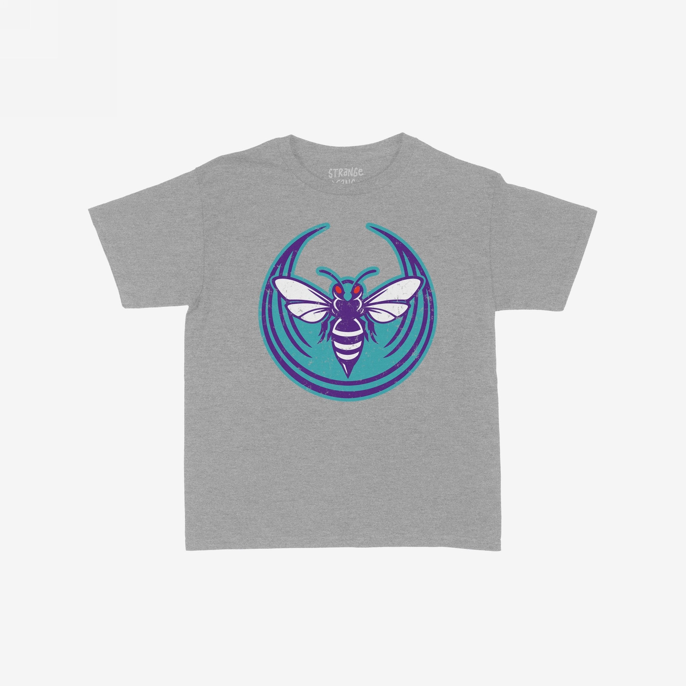 Charlotte Rebel Alliance Women's Baby Tee in heather gray, featuring a stylized hornet graphic in purple and white with red eyes on a teal background, embodying city pride and protest spirit.