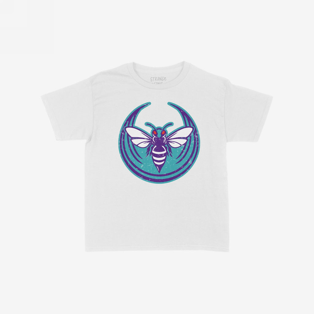 Charlotte Rebel Alliance Women's Baby Tee features a bold, stylized insect emblem: a purple bee with red eyes and white wings on a teal background. Perfect for expressing city pride and activism.