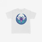 Charlotte Rebel Alliance Women's Baby Tee features a bold, stylized insect emblem: a purple bee with red eyes and white wings on a teal background. Perfect for expressing city pride and activism.
