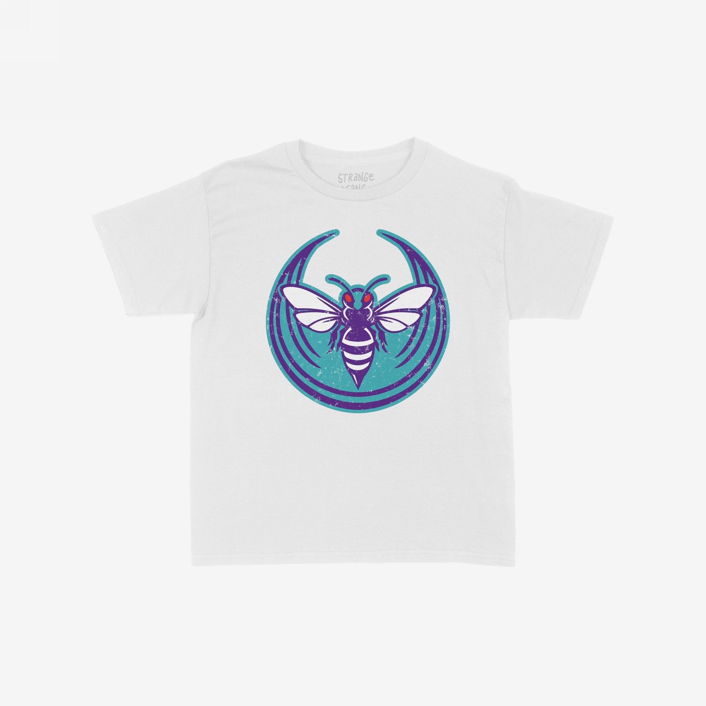 Charlotte Rebel Alliance Women's Baby Tee features a bold, stylized insect emblem: a purple bee with red eyes and white wings on a teal background. Perfect for expressing city pride and activism.