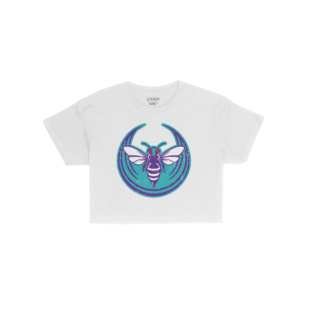 Charlotte Rebel Alliance Women's Baby Tee features a bold, stylized insect emblem: a purple bee with red eyes and white wings