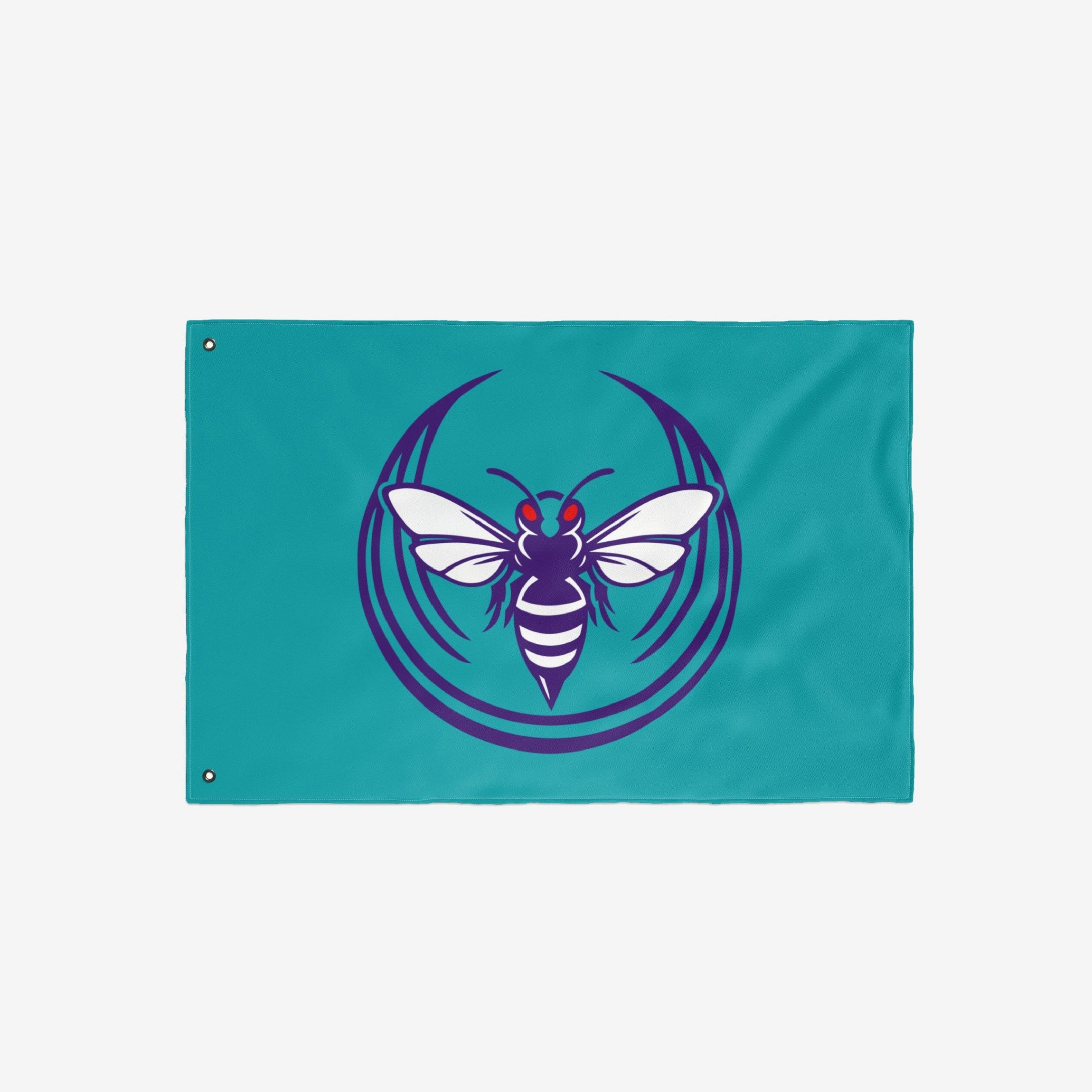 Charlotte Rebel Alliance Flag featuring a stylized hornet in purple and red, with white wings, on a teal background. Designed for anti-fascist supporters and allies promoting immigrant rights and equality.
