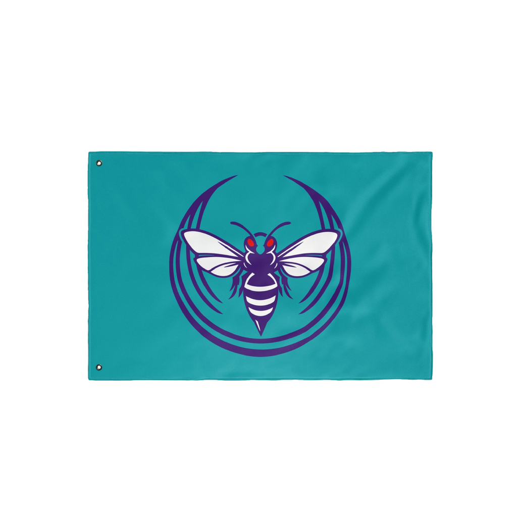 Charlotte Rebel Alliance Flag featuring a stylized hornet in purple and red, with white wings, on a teal background. Designed