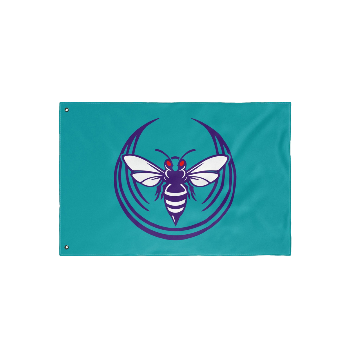 Charlotte Rebel Alliance Flag featuring a stylized hornet in purple and red, with white wings, on a teal background. Designed