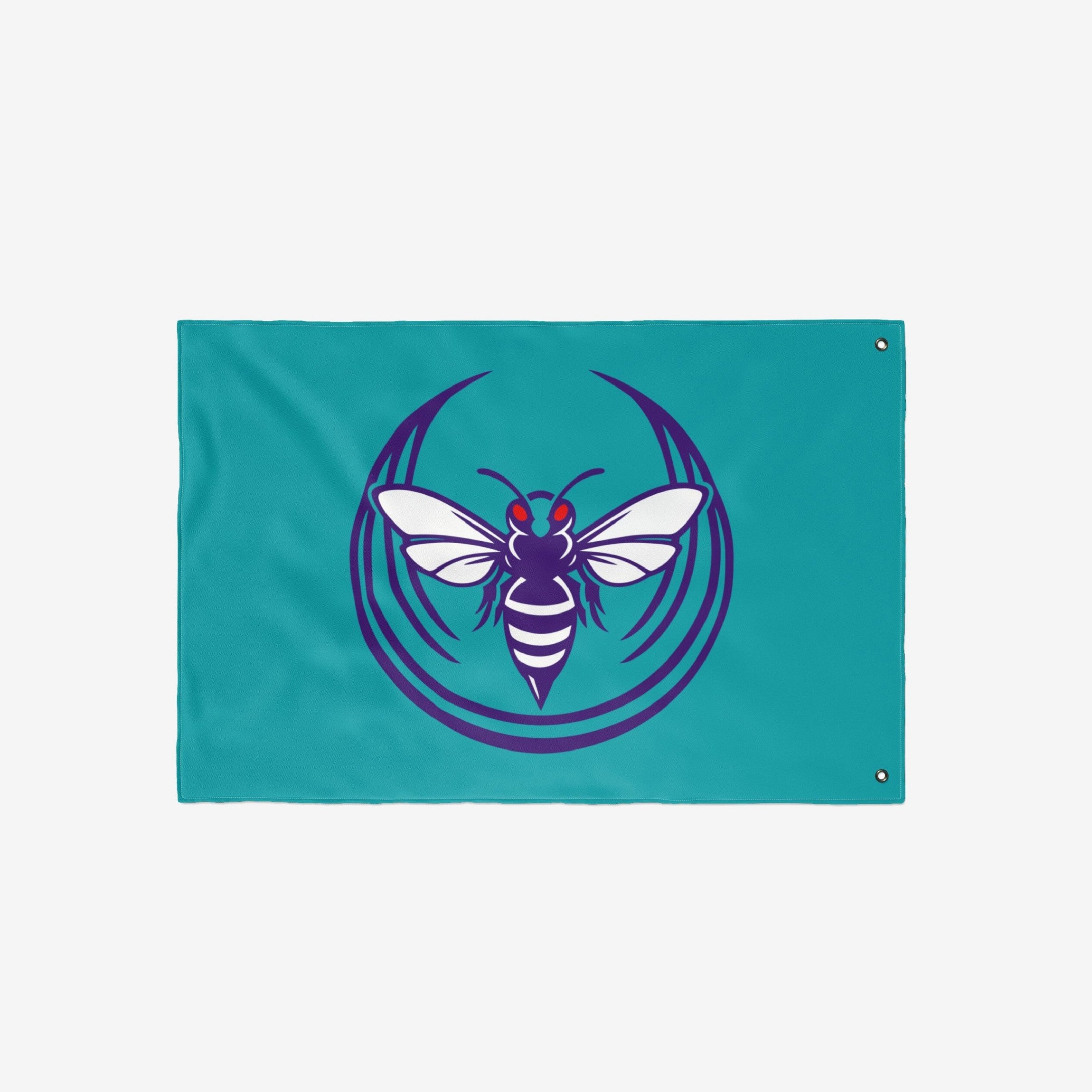 Charlotte Rebel Alliance Flag featuring a bold hornet design in purple and white, with red eyes and outstretched wings, symbolizing anti-fascist and immigrant rights support. Perfect for making a strong statement.