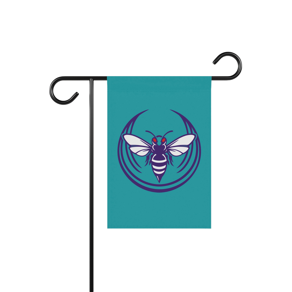 Charlotte Rebel Alliance Garden Flag featuring a bold hornet graphic on teal, symbolizing anti-fascist and immigrant rights s