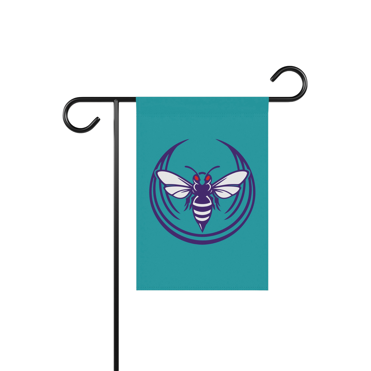 Charlotte Rebel Alliance Garden Flag featuring a bold hornet graphic on teal, symbolizing anti-fascist and immigrant rights s