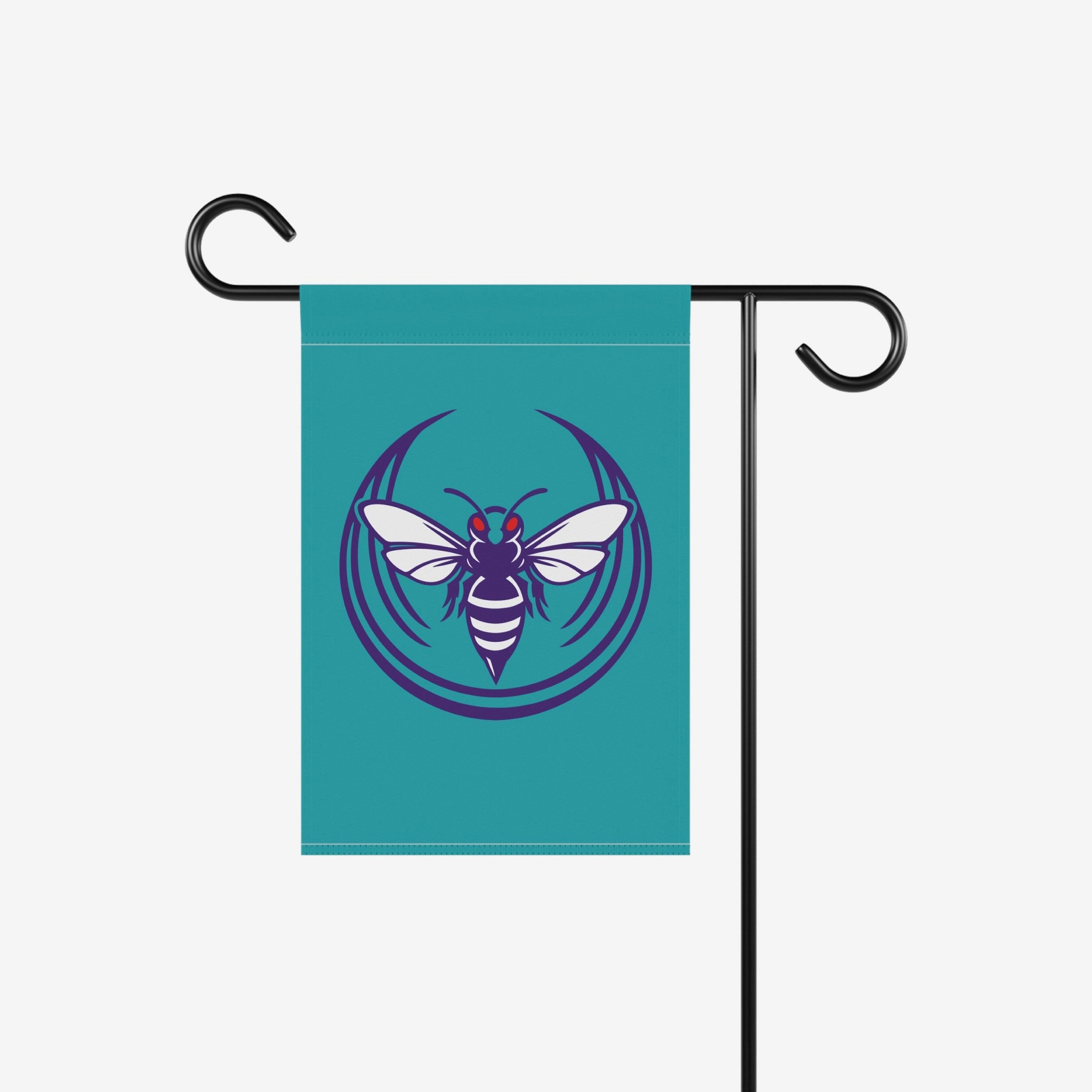 Charlotte Rebel Alliance Garden Flag featuring a stylized hornet graphic in purple and white, hanging on a black metal stand. Ideal for expressing anti-fascist and immigrant rights support. Perfect for vocal locals.
