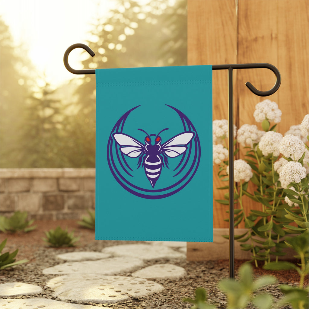 Charlotte Rebel Alliance Garden Flag on black metal stand, featuring a stylized insect design, perfect for expressing solidarity and support for anti-fascist and immigrant rights causes.