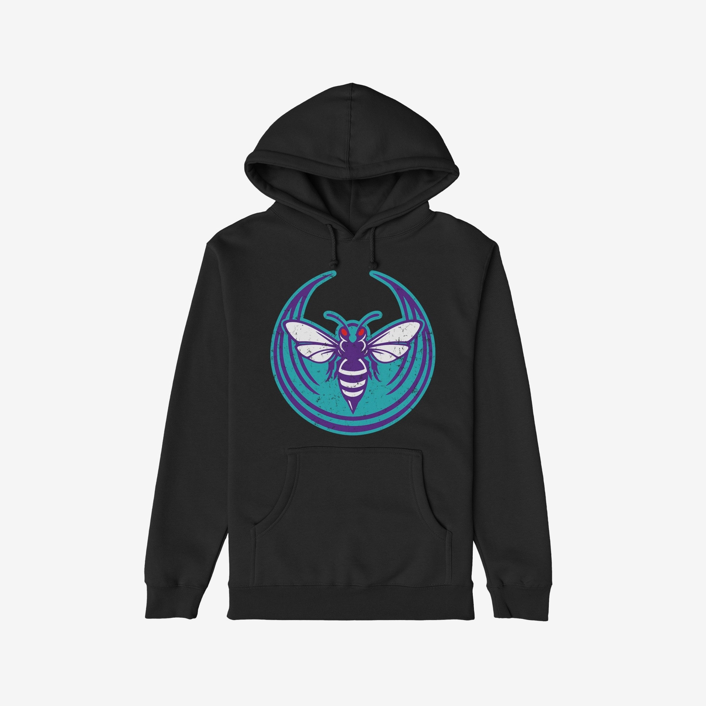 Charlotte Rebel Alliance Hoodie showcases a black pullover with a striking purple insect motif on the chest, symbolizing defiance and activism. Features include a kangaroo pocket and drawstring hood.