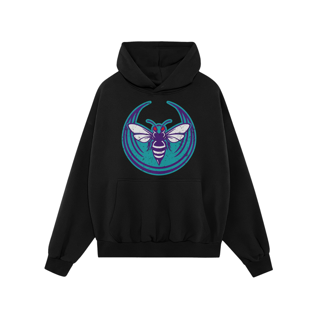 Charlotte Rebel Alliance Hoodie showcases a black pullover with a striking purple insect motif on the chest, symbolizing defi